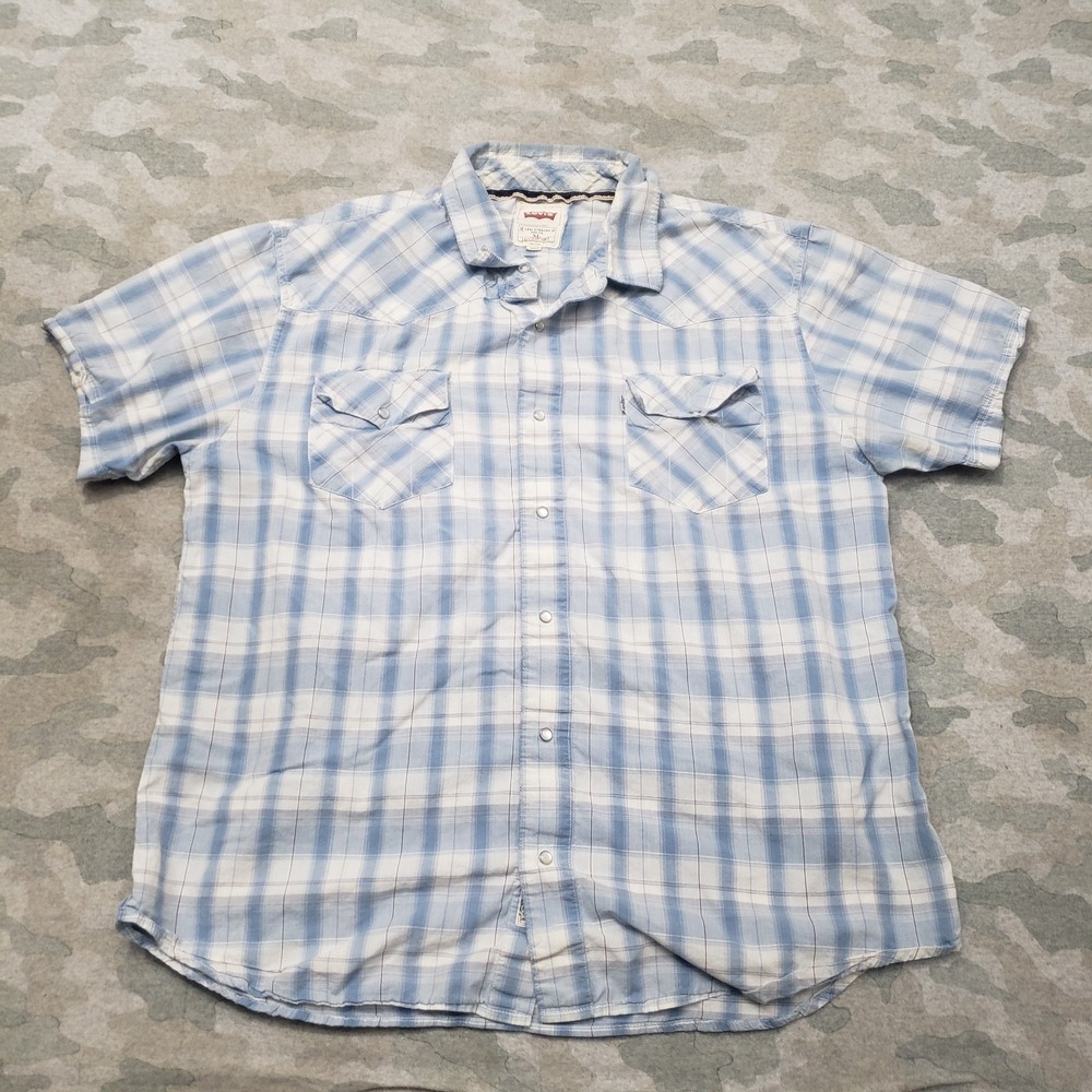 Levi's Shirt Mens XL Blue Plaid Pockets Pearl Snap Short Sleeve